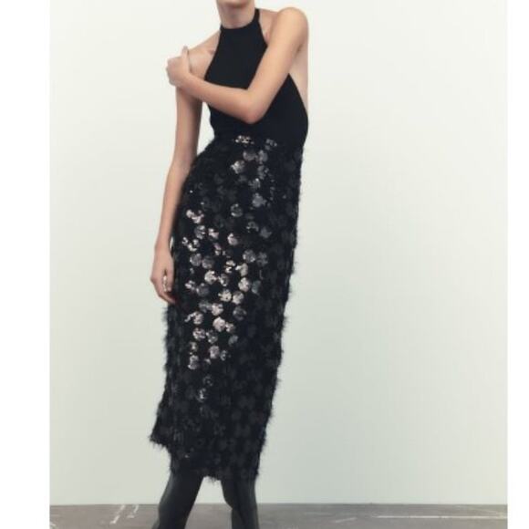 Zara Black Sequin & Faux Feather Halter Midi Dress Size Small - Picture 1 of 14